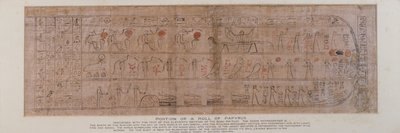 Utsnitt av papyrus innskrevet med kursive hieroglyfer med teksten i den ellevte delen av Amtuats bok som beskriver solgudens fødsel på himmelen ved daggry, funnet i sokkelen til en Ptah-Sokar-Osiris-figur av tre (se 83305), egyptisk, av Unbekannt