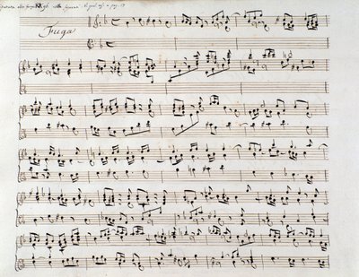 Noter for Händels fuga fra et manuskript som inneholder to verk, av Domenico Scarlatti og av Friedrich Handel av Unbekannter Künstler