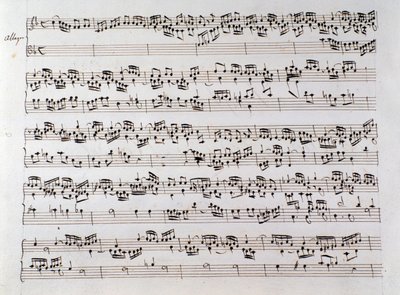 Noter for Händels fuga fra et manuskript som inneholder to verk av Domenico Scarlatti og Friedrich Handel av Unbekannter Künstler