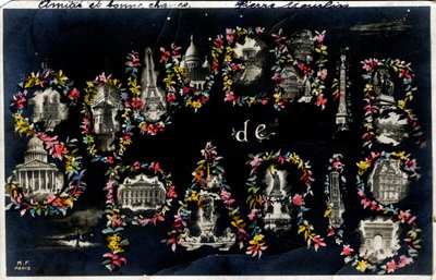 Souvenir fra Paris med forskjellige bymonumenter - Postkort datert 1905 av Unbekannt