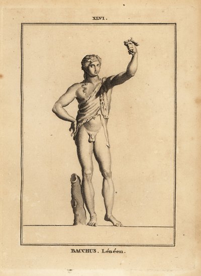 Statue av Bacchus Lenaios, den romerske vinguden, naken men for et løveskind, presser en klase med druer av Unbekannt