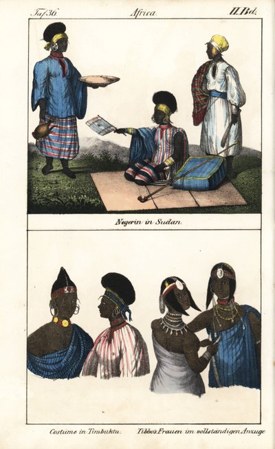 Sudanesiske kvinner i stripete kjoler. Nedenfor, demmes fra Timbuktu (Mali) og Tibbo-kvinner fra Sahara. Litografi til boken: «Galerie complete en tableaux fideles des peuples d#39;Afrique» av Friedrich Wilhelm Goedsche (1785-1863), utgave Meissen (Tysklan av Unbekannter Künstler