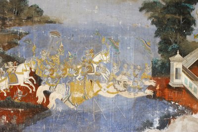 Sylver Pagoda Dette veggmaleriet viser scener fra Reamker, som er den kambodsjanske eller khmeriske versjonen av det klassiske hinduistiske diktet Ramayana, Phnom Penh, Kambodsja av Unbekannt
