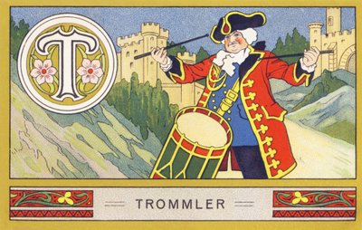 T : Trommeslager - Alphabet Palmin. Serie med kromolitografier redigert av H. Schlinck & Cie, Hamburg, sd. Publicite pour Palmin fineste kokosfett. Mål: 7 x 11 cm av William M. Timlin