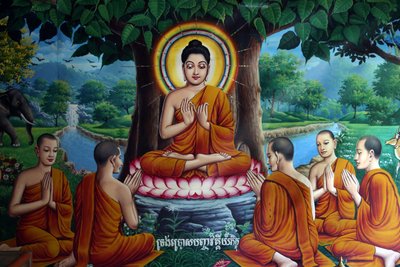Tempelfreskomaleri som viser Buddha med disipler. Kambodsja av Unbekannt