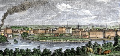 Tekstilfabrikker langs elvene Merrimack (Merrimac) og Concord, Lowell, Massachusetts, USA på 1830-tallet. Fargegravering fra 1800-tallet. av Unbekannter Künstler