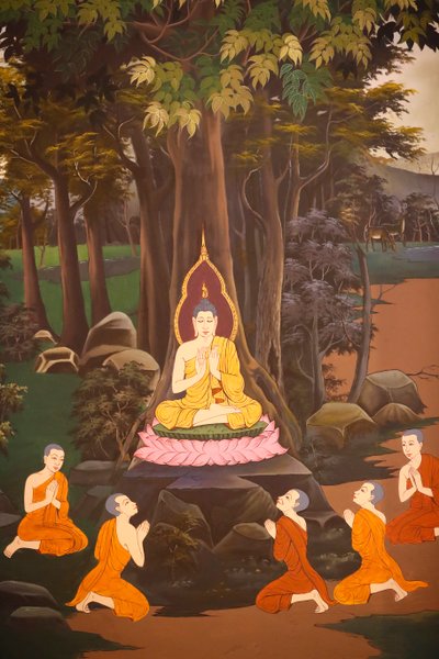 Buddha forkynte sin første preken til de fem munkene, Wall fresco, Wat Botum tempel, Phnom Penh, 2022 (bilde) av Unbekannter Künstler