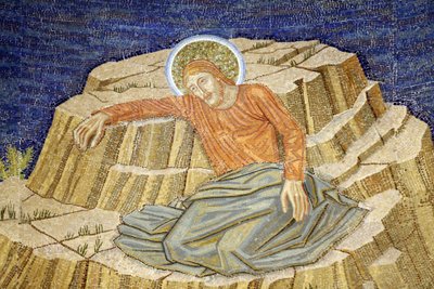 The Church of All Nations, også kjent som Church eller Basilica of the Agony, Kristus i smerte, Mosaikk av basilikaen i Getsemane, Jerusalem, Israel av Unbekannt