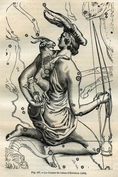 The Coach of the Atlas of Hevelius (1690): Konstellasjonen av Coach, som holder en pisk i høyre hånd og renes og på venstre arm Chevre og to chevrals, er en av de eldste i den greske sfæren. Gravering fra Camille Flammarions «Les ét av Unbekannt