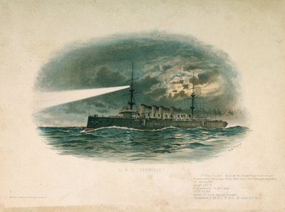 HMS «Terrible», en førsteklasses krysser, bygget av Barrow in Furness Shipbuilding and Arms Company i 1897. Kromolitografi på slutten av 1800-tallet, av WS Tomkin (). av Unbekannter Künstler