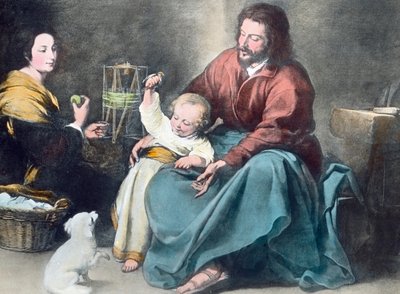 Den hellige familie med den lille fuglen av Unbekannter Künstler
