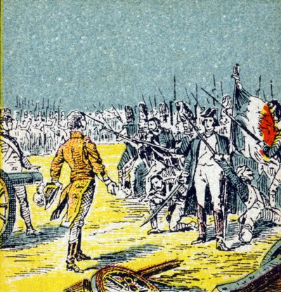 De hundre dagene: Napoleon I Bonapartes nederlag mot Waterloo i 1815. Gravering i "Histoire de France". Serie med reklamebilder publisert på vegne av Louit, 24 rue d'Eysines-a-Bordeaux, ca. 1920. Total bildestørrelse: 7,8 x5,5 cm. av Unbekannt