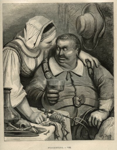 The Little Pouket: trollet og hans kone etter å ha fullført måltidet. Gravering av Gustave Dore (1832-1883) fra "" Les contes"" av Charles Perrault (1628-1703) av Unbekannt