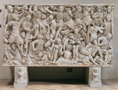 Ludovisi-sarkofagen med høy relieff representasjon av romerne som kjemper mot barbarene, 250-80 e.Kr. (marmor) av Unbekannt