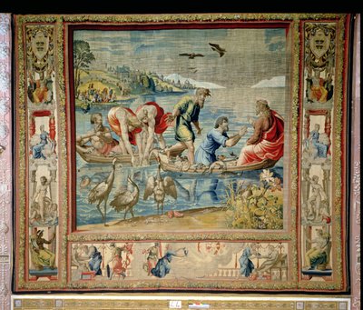 The Miraculous Draft of Fishes, fra Brussel-teppet, kopier av Rafaels Vatikanserie av Apostlenes gjerninger (teppe) av Unbekannt