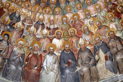 Padua dåpskapellet. Takfresker fra 1300-tallet av Giusto de Menabuoi. Paradiset. Å velsigne Kristus med patriarker, profeter og helgener. Detalj. Padova. Italia. (bilde) av Unbekannt
