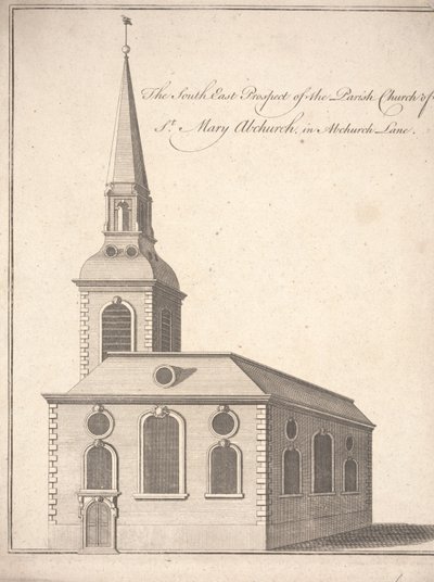 Sørøst-prospektet til Parish Church of St. Mary Abchurch, i Abchurch Lane, ca. 1740 (gravering) av Unbekannter Künstler
