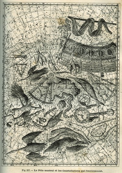 Sydpolen og stjernebildene rundt: Blant de mange stjernebildene på Sydpolen er indianeren, feniksen, brasmen, oktanten, klokken, kompasen og skipet. Gravering fra Camille Flammarions «Les étoiles et les autres c av Unbekannter Künstler