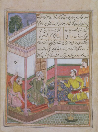 The Twenty-Seventh Night: Zarir og to andre vevere selger tøy til en mann som holder en veske, fra Tuti Nama (Tutiname) ca. 1580 (vellum) av Unbekannt