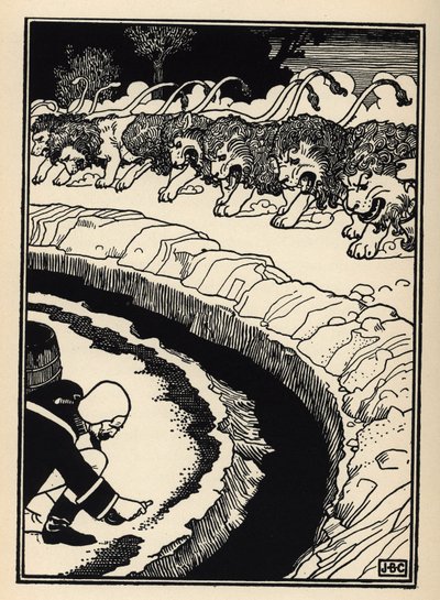 Baronen forsvarer seg mot angrep fra løver ved å sette fyr på krutt. Illustrasjon av William Strang (1859-1921) og JB Clark fra "The Adventures of the Baron of Munchausen (Munchhausen) av Rudolf Erich Raspe (1736-1794) (1789) av Unbekannt