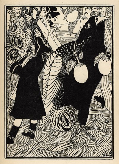 Baronen oppdager de store fuglene og rotisene på trærne i USA. Illustrasjon av William Strang (1859-1921) og JB Clark fra "The Adventures of the Baron of Munchausen (Munchhausen) av Rudolf Erich Raspe (1736-1794) (1789) av Unbekannter Künstler
