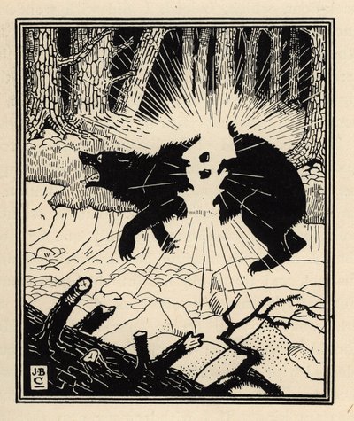 Baronen sprenger en svartbjørn med to flintstener. Illustrasjon av William Strang (1859-1921) og JB Clark fra "The Adventures of the Baron of Munchausen (Munchhausen) av Rudolf Erich Raspe (1736-1794) (1789) av Unbekannt