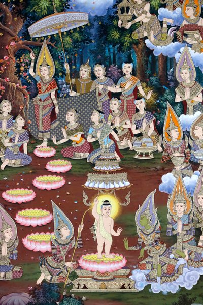 Fødselen til spedbarnet Siddhartha, veggfreskomaleri, Wat Maniratanaram kloster, Phnom Penh, 2022 (bilde) av Unbekannter Künstler