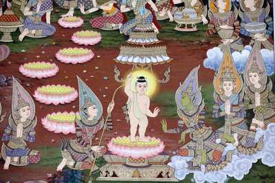 Fødselen til spedbarnet Siddhartha, veggfreskomaleri, Wat Maniratanaram kloster, Phnom Penh, 2022 (bilde) av Unbekannter Künstler
