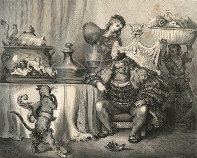 Støvlekatten møter Ogre. Gravering av Gustave Dore (1832-1883) fra "" Les contes"" av Charles Perrault (1628-1703) av Unbekannt