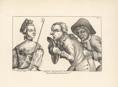 De komiske figurene Cimon og Mopsus med den vakre Phillida. Fra Colley Cibbers komiske opera Damon og Phillida av Unbekannter Künstler