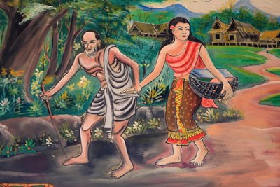 Dagen før. Møte med landsbyboeren. Veien til opplysning. Buddhas liv. Takkunst som viser Buddhas liv. Wat Inpeng. Ventiane. Laos, 20151029, Vientiane, Laos av Unbekannt