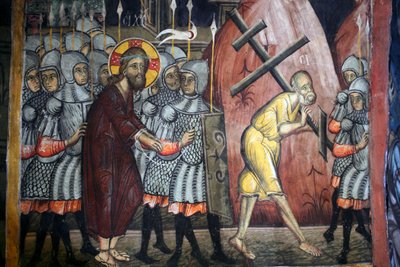 Kristi lidenskap Simon bærer korset Bysantinsk freskomaleri fra Agios Ioannis Lampadistis kloster, Saint John Lampadistis 1000-tallet Kypros Malte kirker UNESCO-sted Troodos, Kypros av Unbekannt
