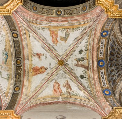 Transept sør tredje vestspenn, Isaac ber Exhaù om å bringe ham vilt, Rebecca kler Jacob med klær av Exhaù, Jacob forveksles med Exhaù gir mat til Isak, Esaac kommer tilbake med vilt, katedralen Santa Maria Assunta, Duomo, Cremona, Lombardia, Italia ( ph av Unbekannt