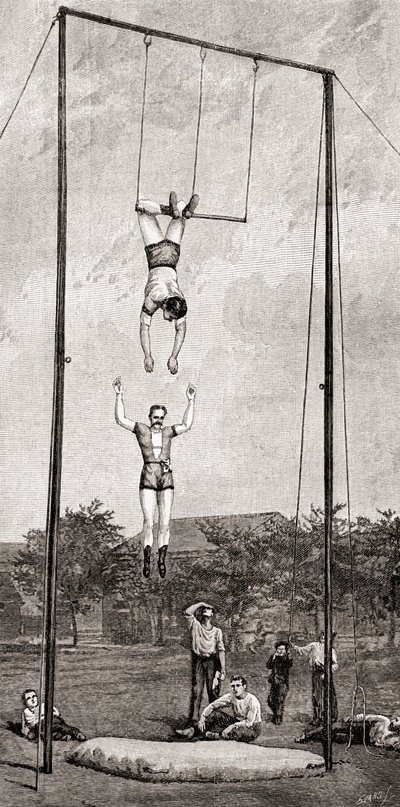 Trapeskunstnere på 1800-tallet, fra The Century Magazine, utgitt 1887 (gravering) av Unbekannt