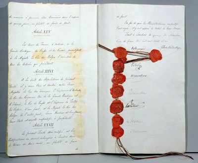 Traktat om etablering av Belgia som en suveren stat, signert 15. november 1831 på London-konferansen (penn og blekk og voks på papir) av Unbekannt