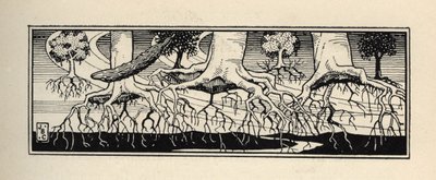 Trær ødelegger av en storm omplanter røttene sine til nøyaktig stedet der de var. Illustrasjon av William Strang (1859-1921) og JB Clark fra "The Adventures of the Baron of Munchausen (Munchhausen) av Rudolf Erich Raspe (1736-1794) (1789) av Unbekannt