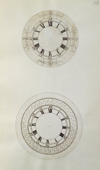 To design for store emaljerte urskiver, fra mekaniske notater og tegninger satt sammen av John Harrison (1693-1776) og hans sønn William (ca. 1726-72) (penn og blekk på papir) av Unbekannt