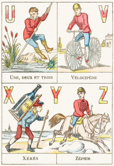U V X Y Z; U: En, to og tre; V: Velocipede; X: sherry; Z: Zephir - Spillalfabet, ca. 1890 (gravering) av Unbekannt