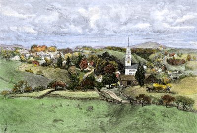 USA, delstaten New Hampshire: Landsbyen New Boston, New Hampshire år 1800. Fargegravering fra 1800-tallet. av Unbekannter Künstler