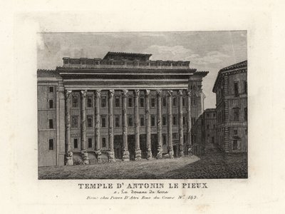 Utsikt over Hadrians tempel, Templum Divus Hadrianus, med 11 søyler dedikert av hans adoptivsønn Antoninus Pius, Temple d