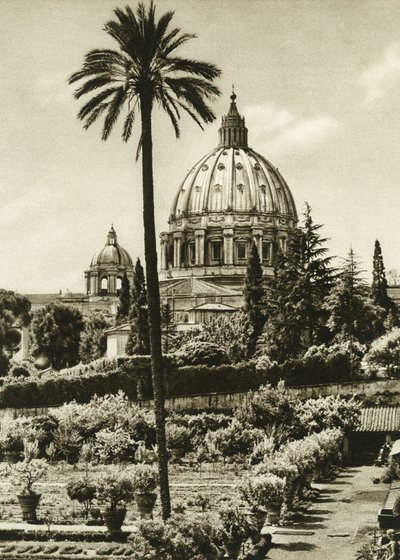 Utsikt over Vatikanhagen og St. Peter-basilikaen (San Pietro) i Roma av Unbekannt