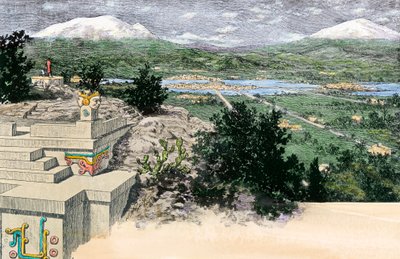 Utsikt over byen Tenochtitlan (eller Mexico Tenochtitlan), slik den var på øya ved Texocosjøen, da den var hovedstad i aztekerriket, før 1521 - Farget gravering av Unbekannter Künstler