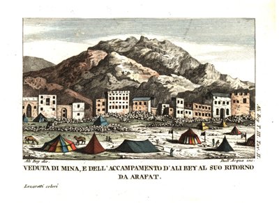 Utsikt over landsbyen Mina i Arafat-ørkenen (teltbyen, Mekka, Saudi-Arabia). Illustrasjon av Ali Bey el Abbassi fra hans reiser i Marokko, Tripoli, Kypros, Egypt, Arabia, Syria og Tyrkia, London 1816. Kobberstikk av dell#39;Acqua handco. av Unbekannter Künstler