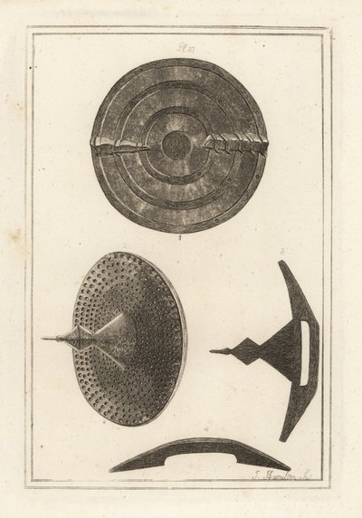Utsikt over en gammel konkav rundell med umbo eller pigg laget av skinnskinn, jernplate og messingspiker av Unbekannt