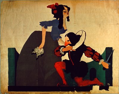 Vintage plakat av mann som kneler ved kvinnens føtter, Shakespeare-tegning (litho i farger) av Unbekannt