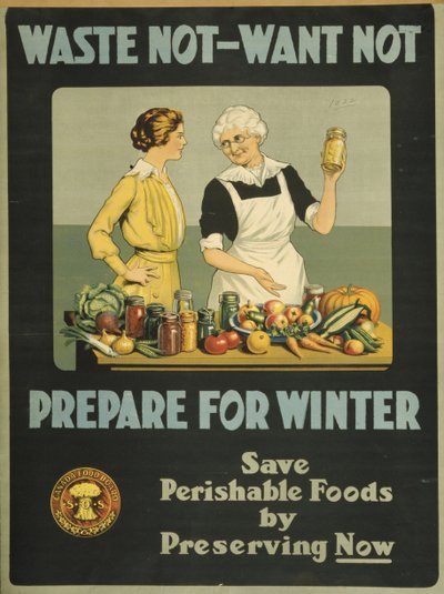 Avfall ikke, vil ikke - forbered deg på vinteren, Canada Food Board, ca. 1915 (farge litho) av Bartolome Esteban and studio Murillo