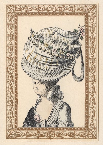 Kvinne iført en enorm hatt kalt Århundrets lykke. Håndkolorert litografi av de Laubadere fra Octave Uzanes stilfulle frisyre eller eksentrisk fineri fra kong Ludvig XVIs tid, Frisyrer de Style, La Parure Eccentric, Rouveyre, Paris av Unbekannter Künstler