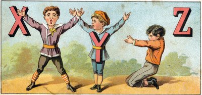 X Y- og Z-bokstaver imitert av kroppsposisjon. Gravering i "Alphabet des petits ecoliers". Avbildning av Epinal, ca. 1885. Privee Collection av Unbekannt