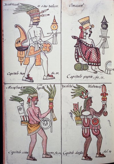 Xiuhtecuhtli, Omacatl, Macuilxochitl, Ixtlilton, Side fra Florentine Codex, Versjon på spansk og Nahuatl, General History of the Things of New Spain (Historia general de las cosas de Nueva Espana), Aztec av Benjamin Baud