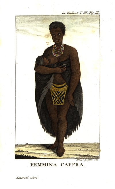 Ung San-kvinne ammer et barn, Sør-Afrika. Hun har på seg kappe, halskjeder og perleskjørt. Fra Francois Le Vaillant (Levaillant). av Unbekannter Künstler